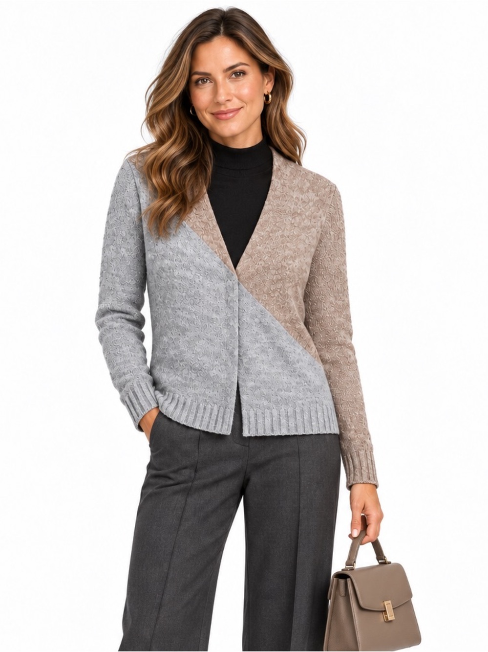 CAbi SZ S Diagonal Colorblock V-Neck Sweater Gray/Tan w/Snap Front Closure